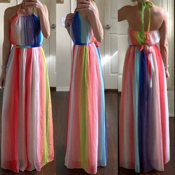 VENUS Dresses & Skirts - Venus white rainbow multicolor pastel watercolor stripes sleeveless maxi dress